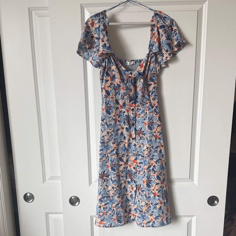 Lush Floral Midi Dress in Blue and Orange